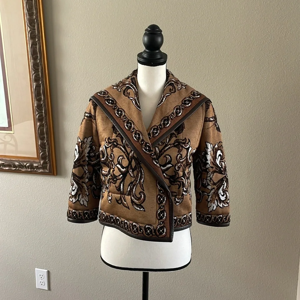 St. John Brown jacket Blazer with Intricate Pattern and Black Trim